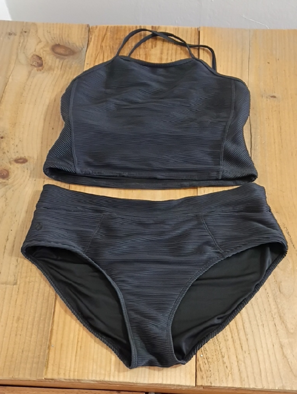 Nani Black Textured Midkini & High Waisted Textured Pocket Bottom Bikini Size L